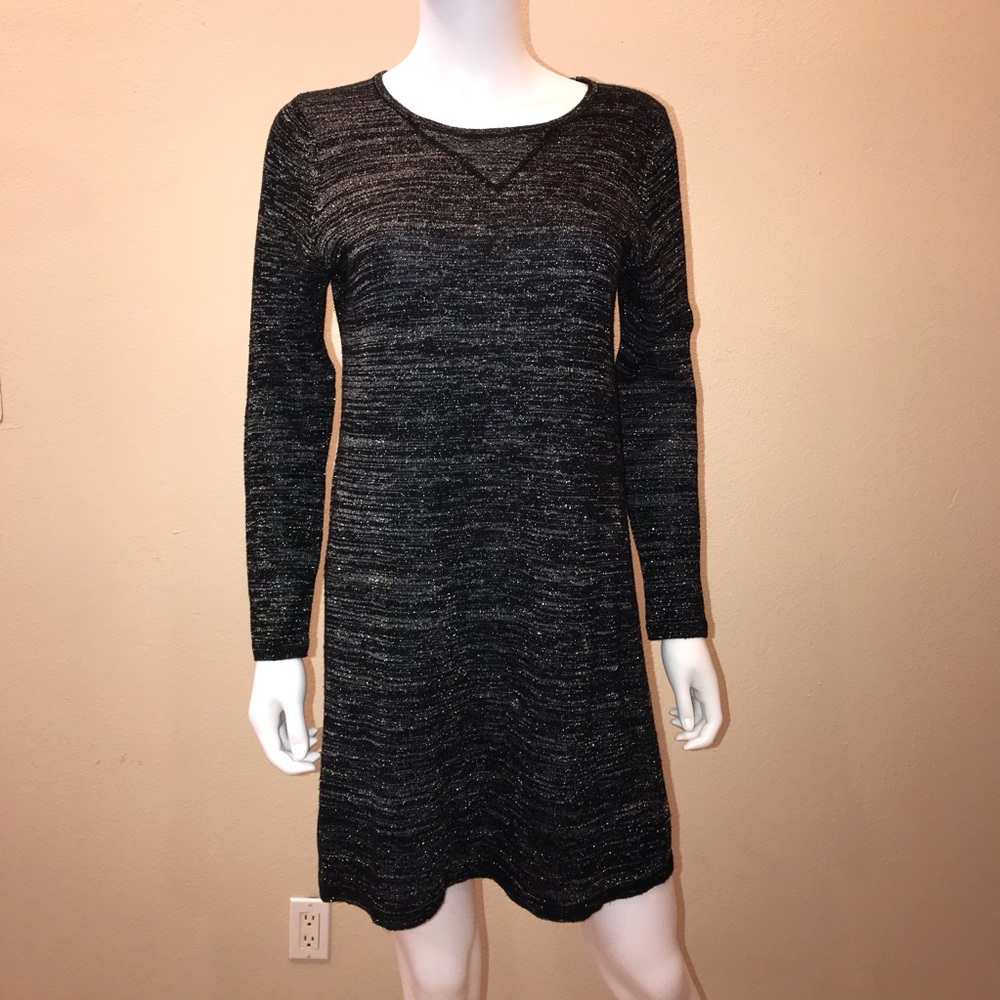 Zara Knit Dress Size Large Black With Gold Metallic Sparkle Evening Office Party
